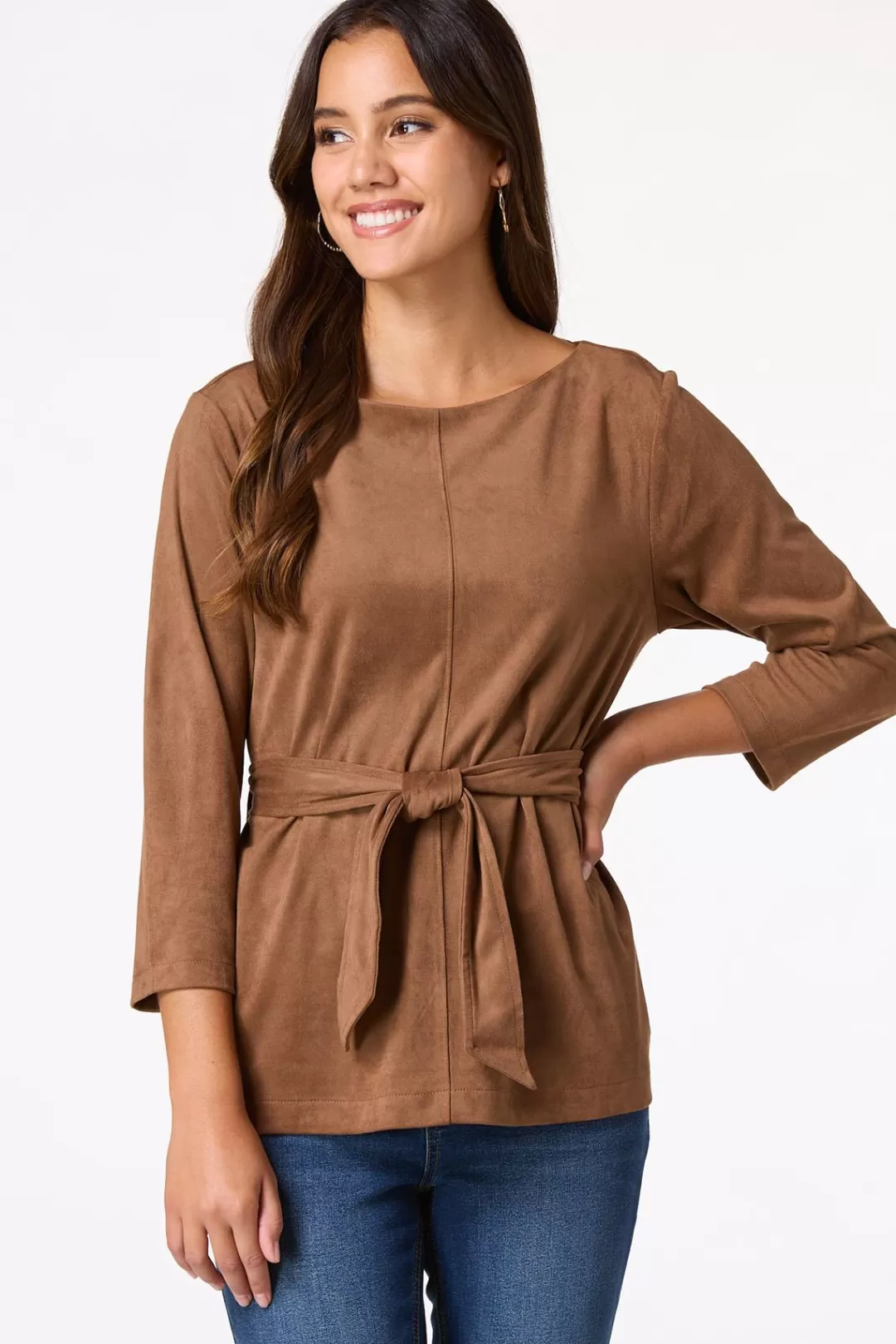 Cato Tops | Belted Faux Suede Top