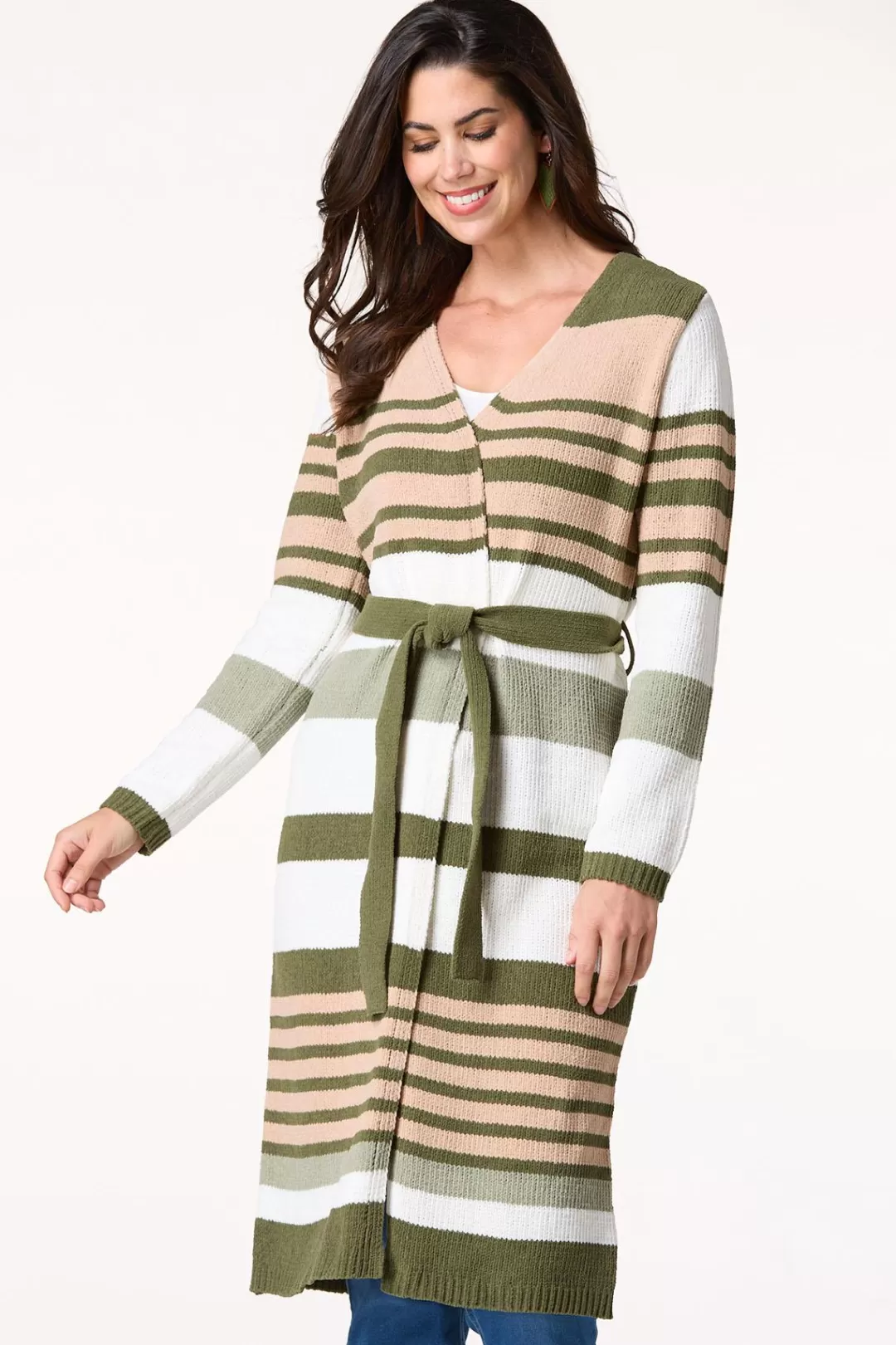 Cato Sweaters | Belted Stripe Chenille Cardigan