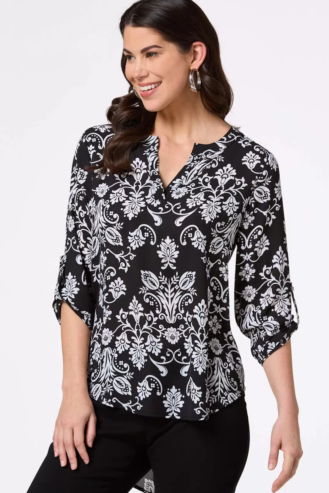 Cato Tops | Black And White Floral Tunic