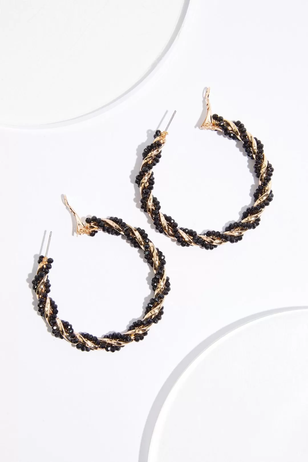 Cato Earrings | Black Bead Gold Twist Hoop Earrings