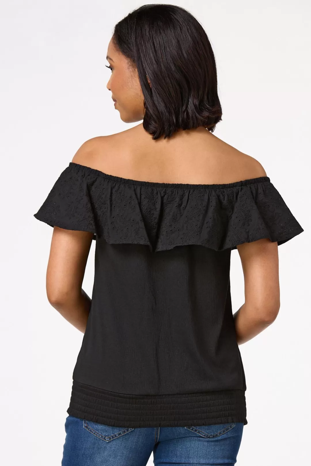 Cato Tops | Black Smocked Eyelet Top