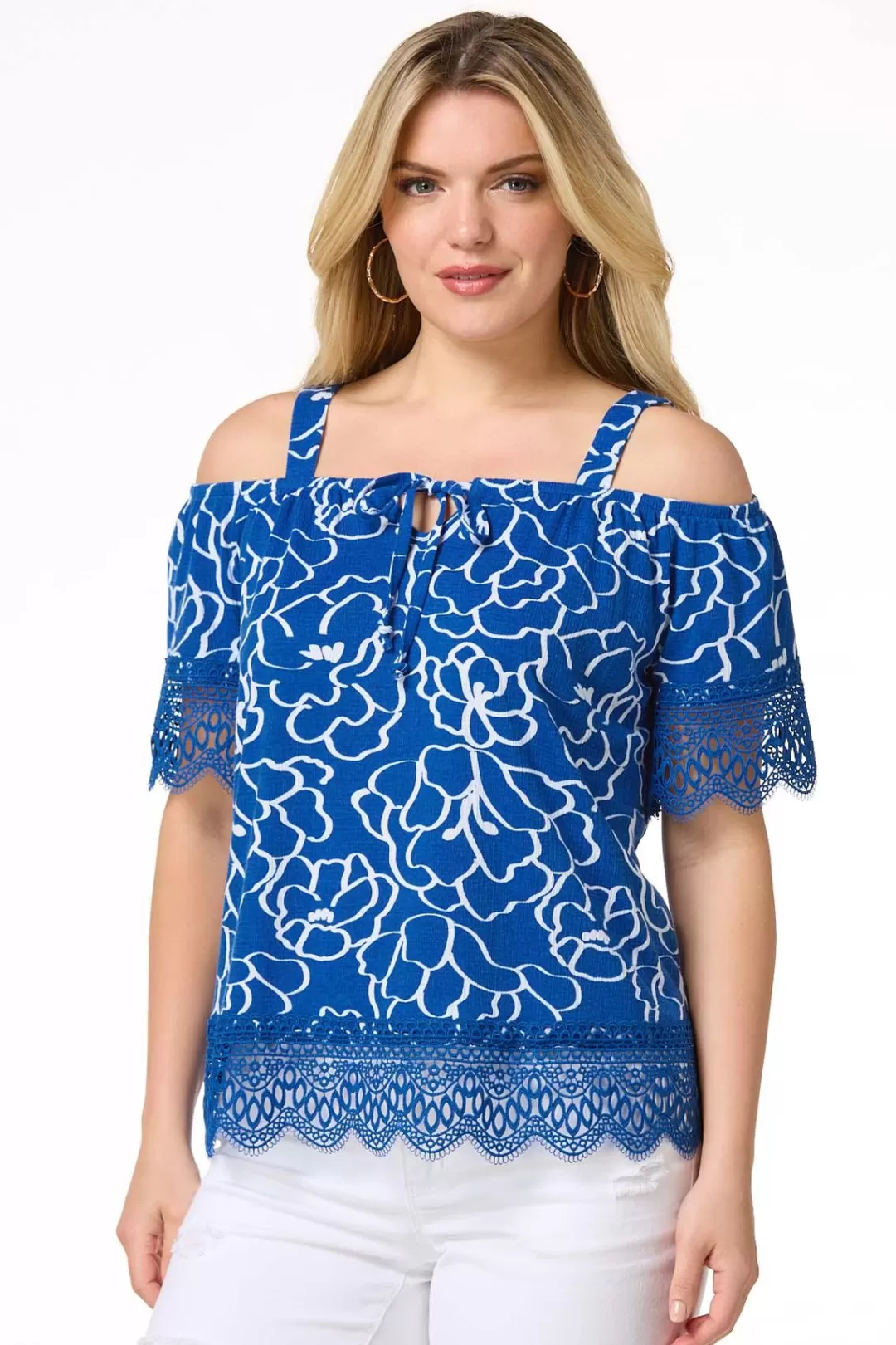 Cato Tops | Blue Floral Cold Shoulder Top