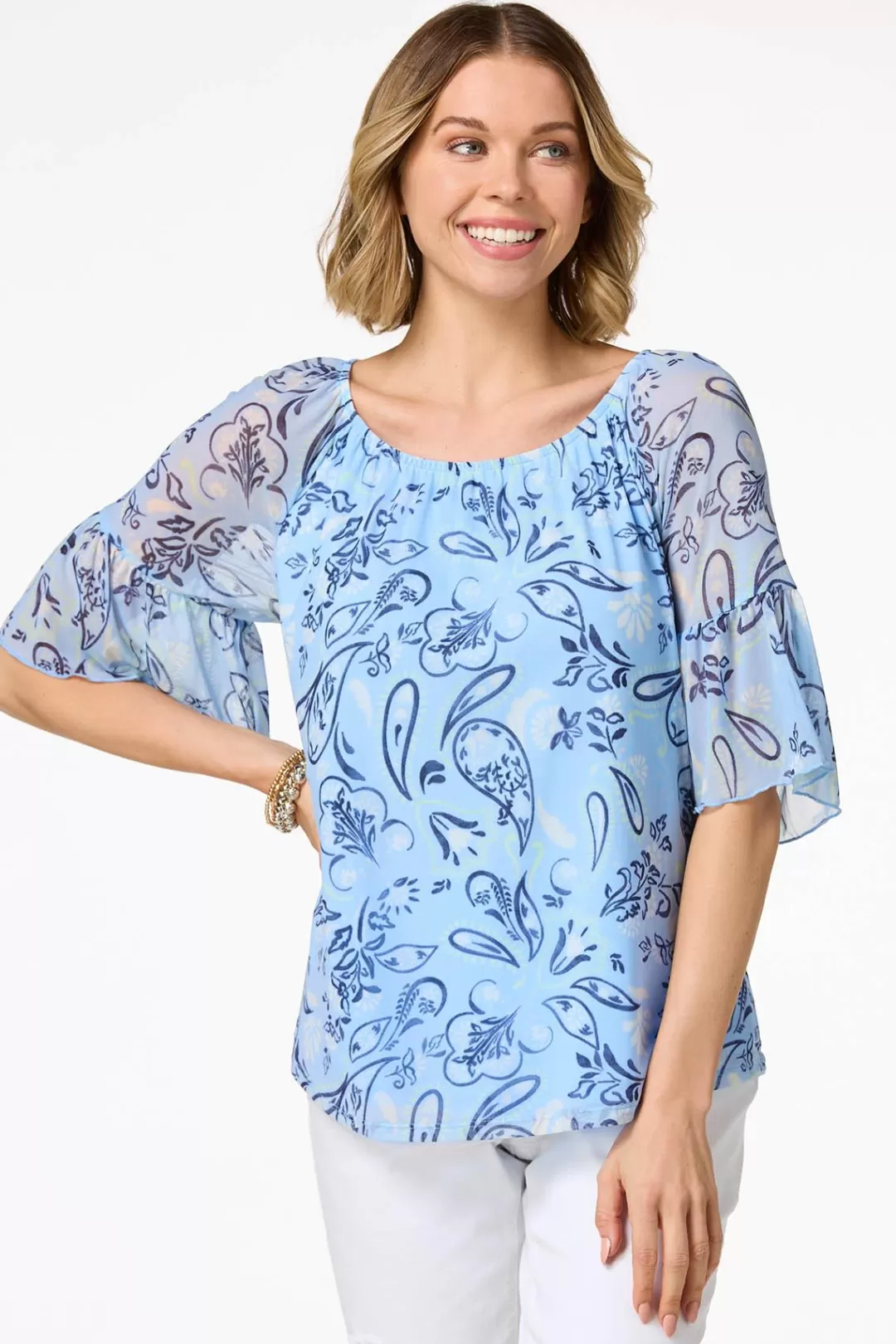 Cato Tops | Blue Mesh Floral Top