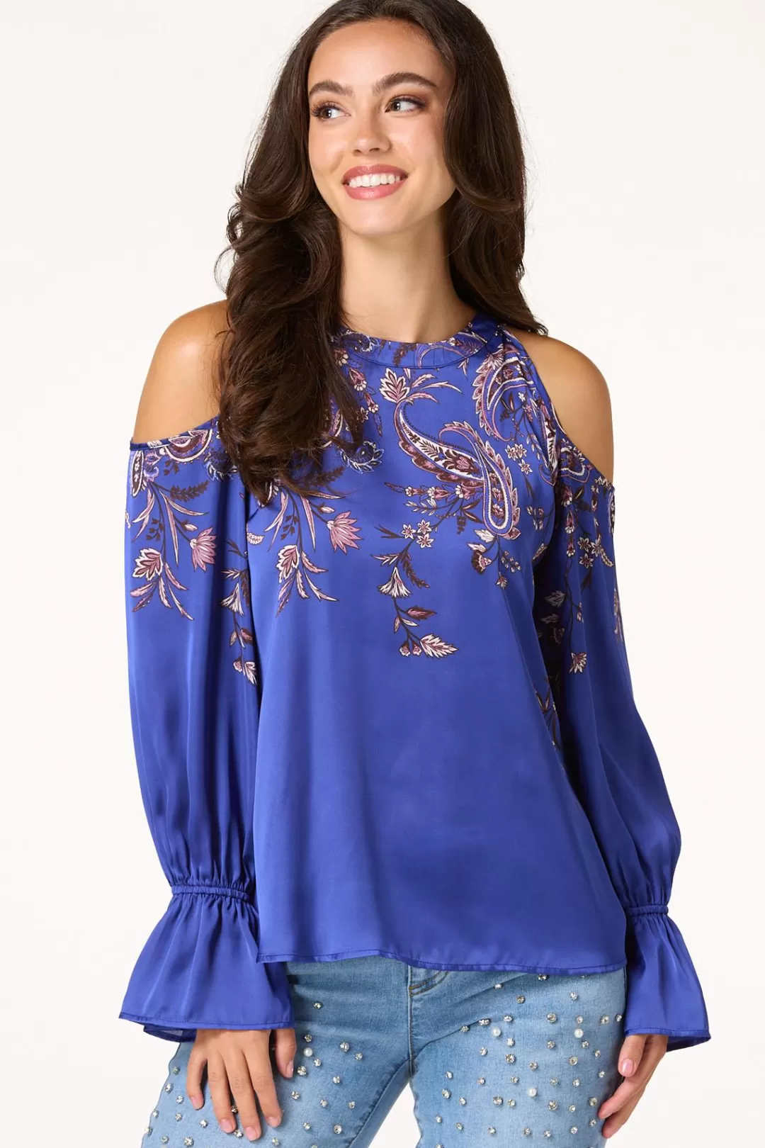 Cato Tops | Blue Paisley Cold Shoulder Top