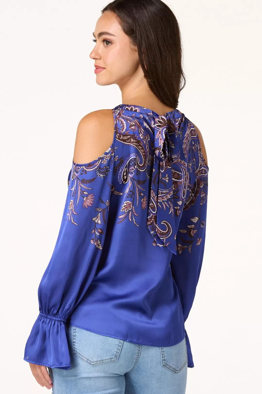 Cato Tops | Blue Paisley Cold Shoulder Top