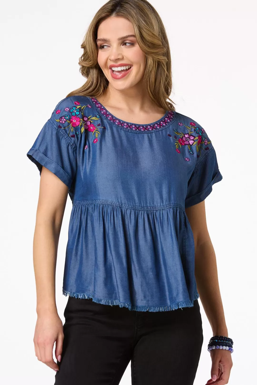 Cato Tops | Chambray Embroidered Babydoll Top