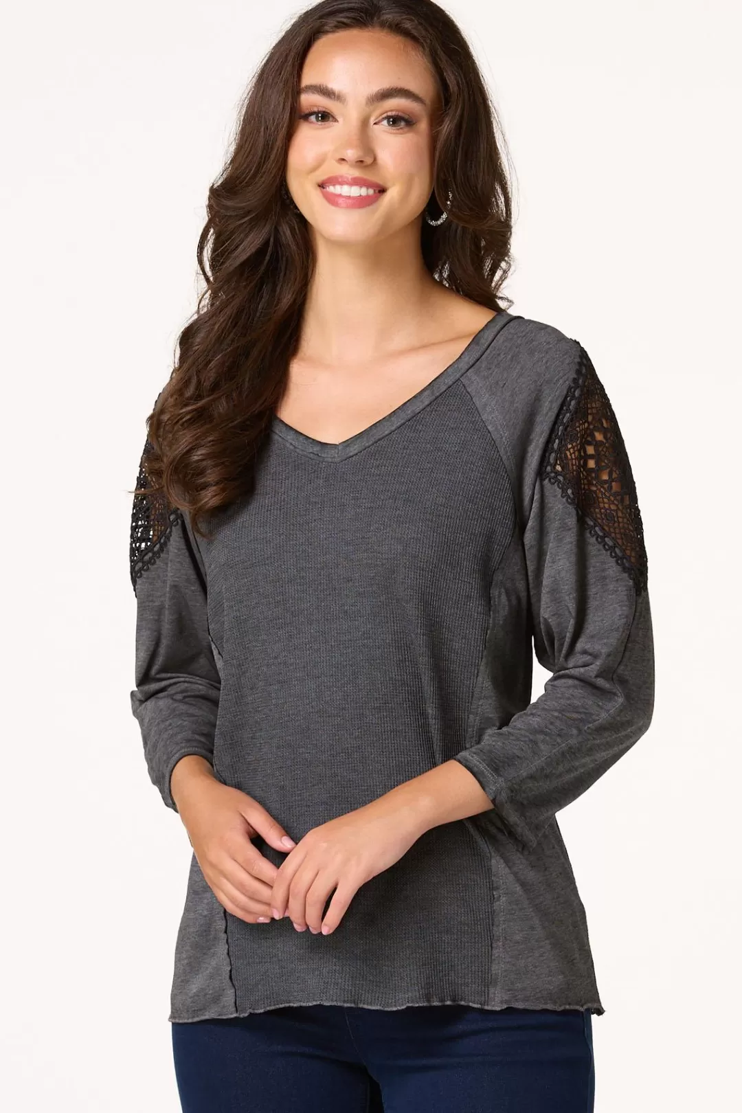 Cato Tops | Charcoal Crochet Sleeve Top