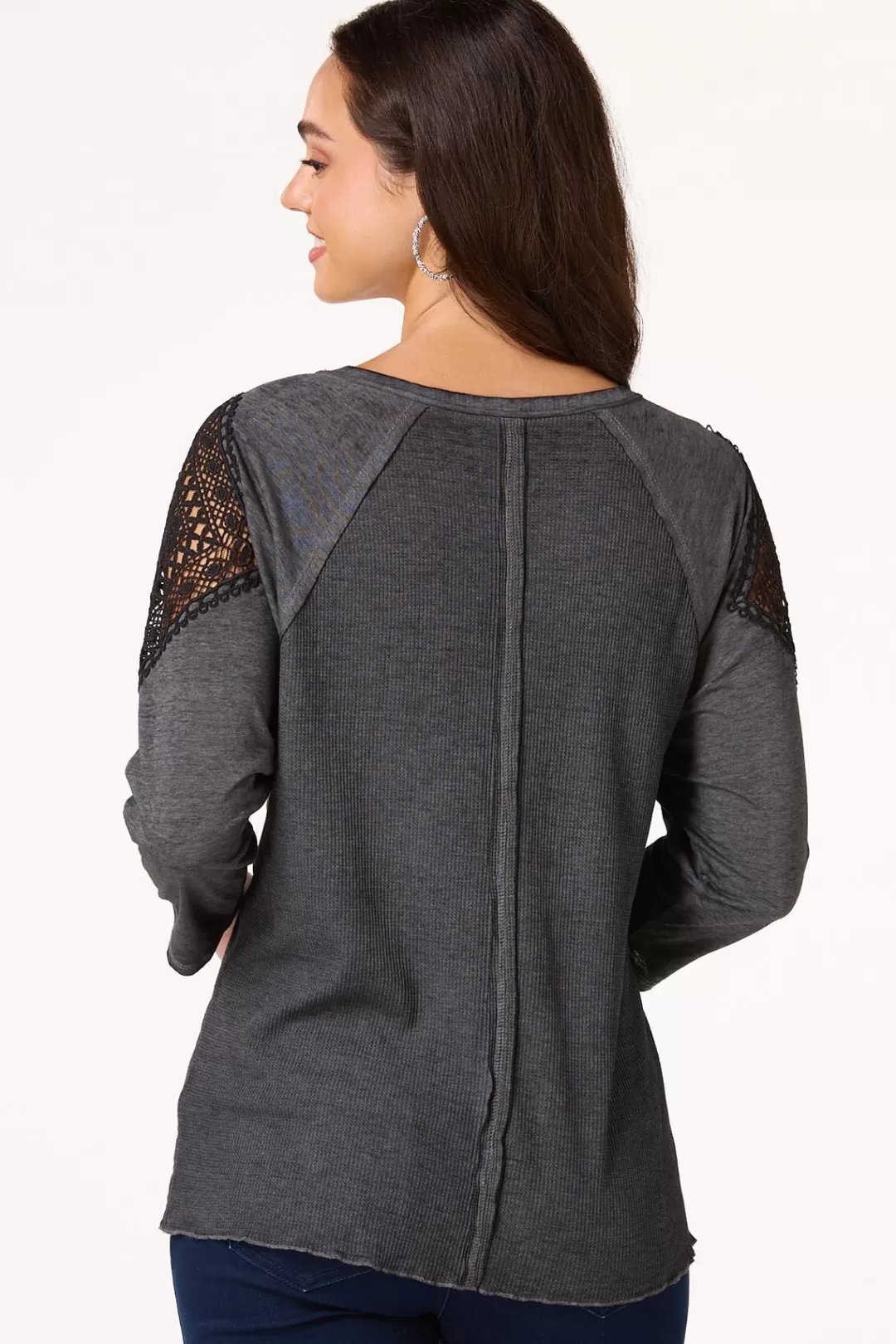 Cato Tops | Charcoal Crochet Sleeve Top