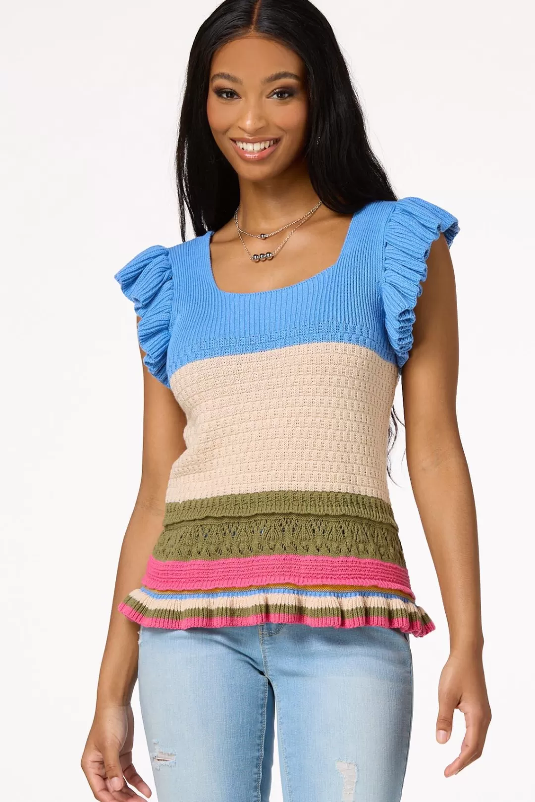 Cato Sweaters | Colorblock Flutter Sleeve Sweater