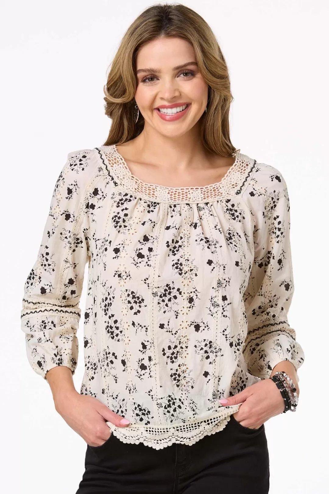 Cato Tops | Contrast Floral Eyelet Top