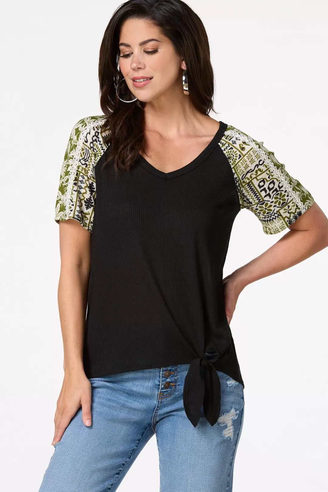 Cato Tops | Contrast Floral Sleeve Top