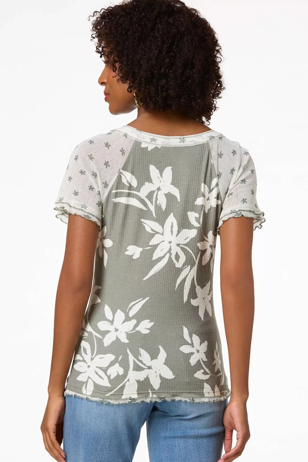 Cato Tops | Contrast Olive Floral Top