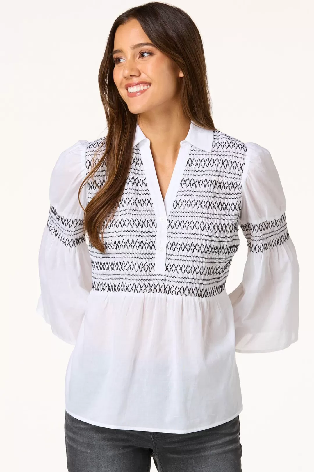 Cato Tops | Contrast Stitch Smocked Top