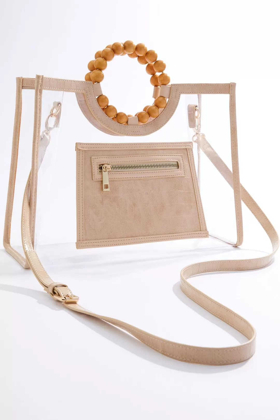 Cato Handbags | Croc Trim Wood Handle Clear Satchel