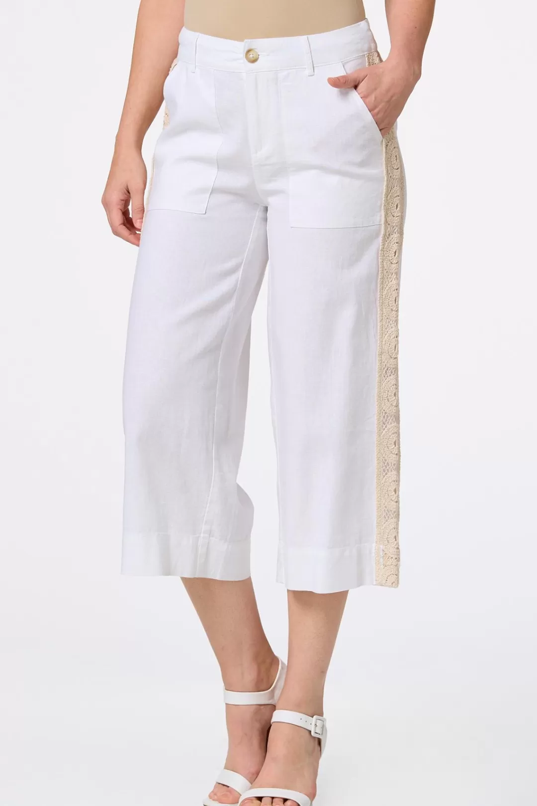 Cato Pants | Cropped Crochet Panel Linen Pants