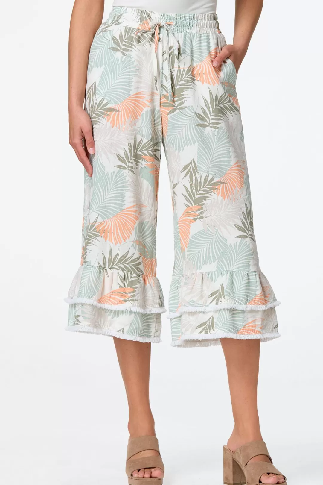 Cato Pants | Cropped Tropical Ruffled Pants