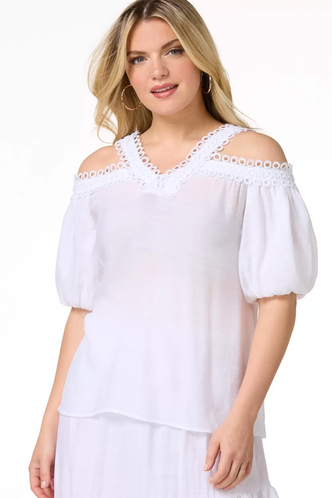 Cato Tops | Embroidered Cold Shoulder Top