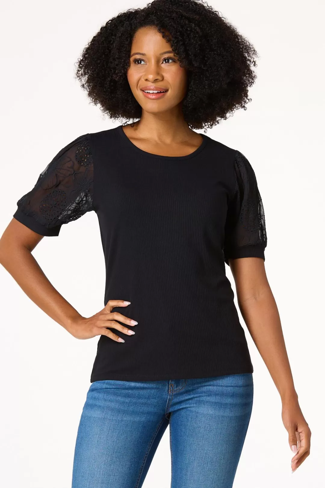 Cato Tops | Embroidered Eyelet Sleeve Top