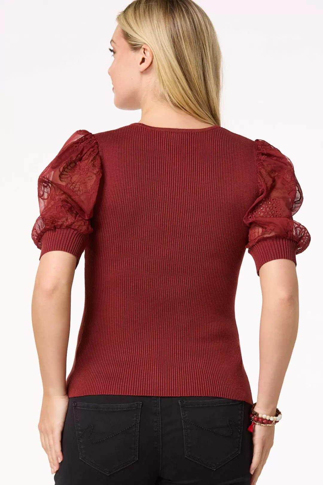 Cato Sweaters | Embroidered Puff Sleeve Sweater