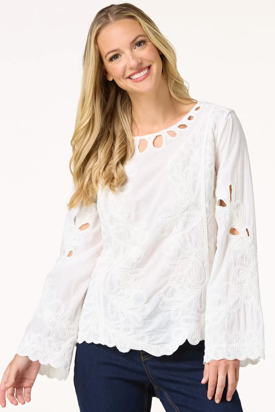 Cato Tops | Embroidered Scalloped Hem Top