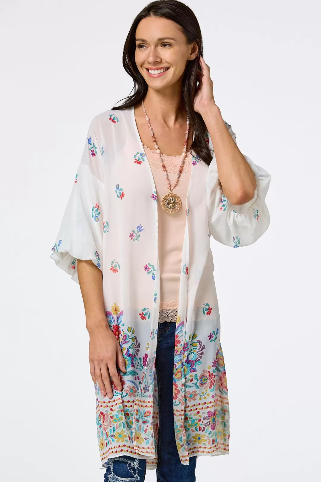 Cato Tops | Floral Bubble Sleeve Kimono