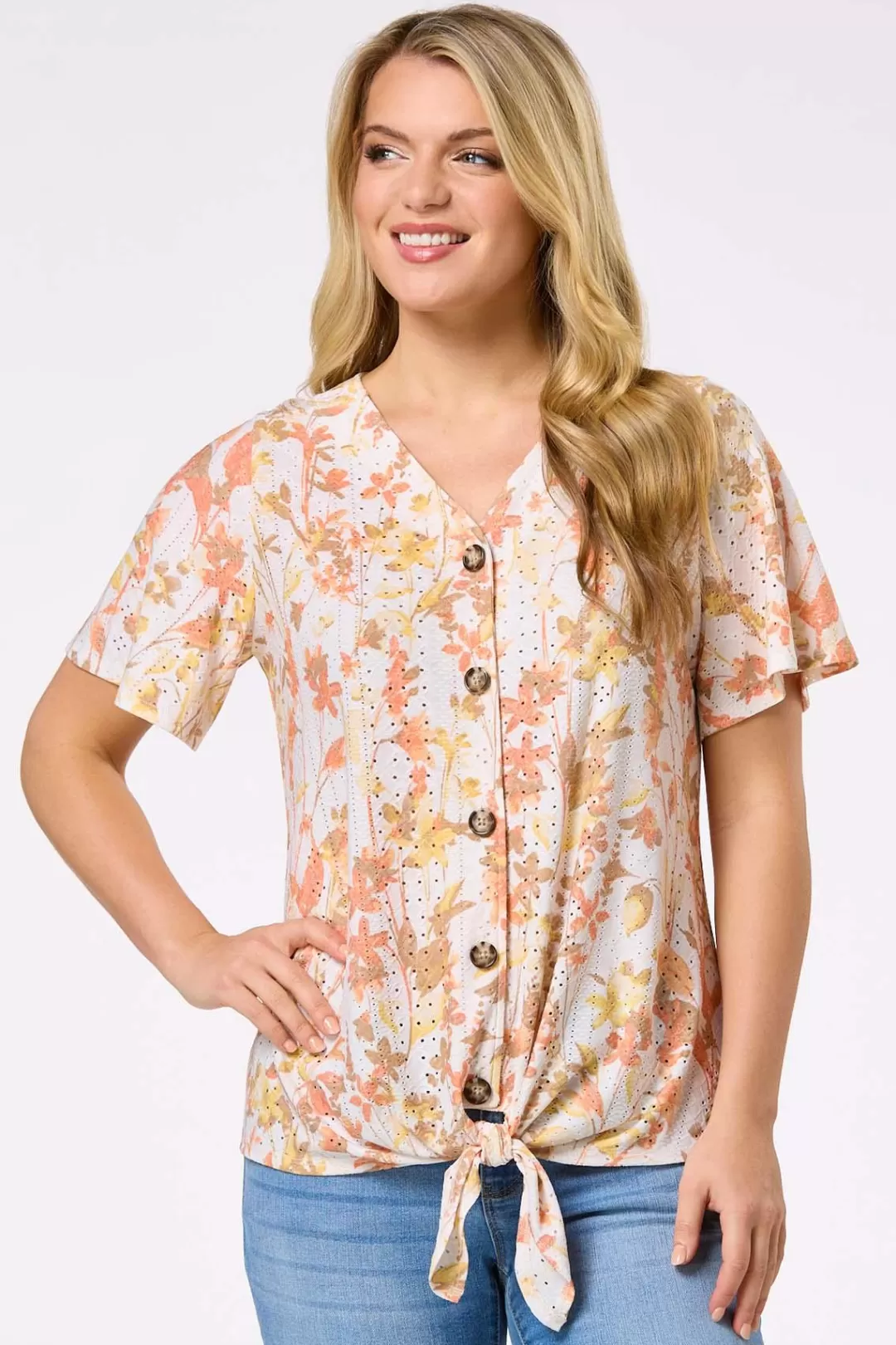 Cato Tops | Floral Eyelet Tie Hem Top