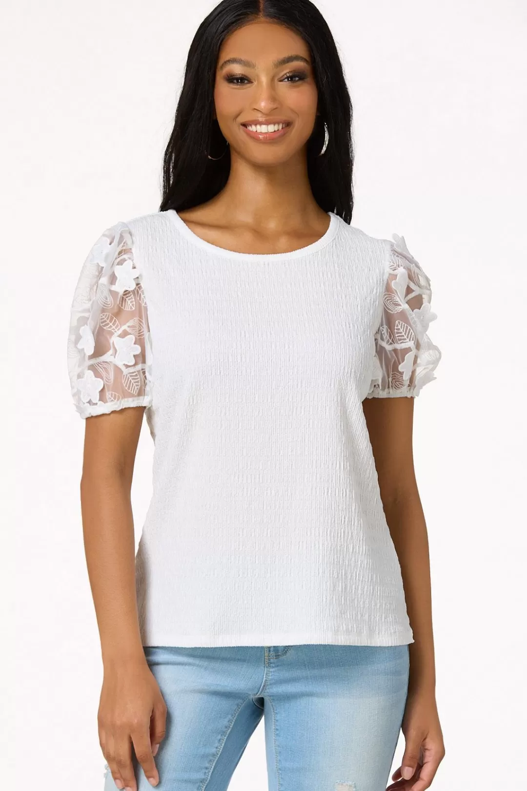 Cato Tops | Floral Mesh Sleeve Top