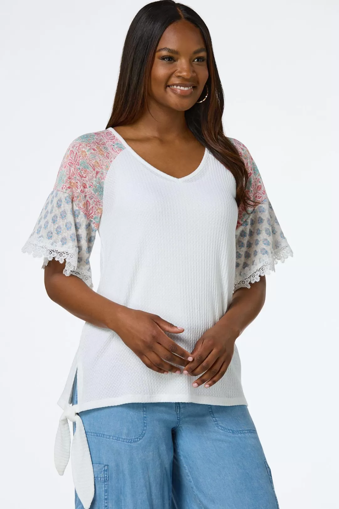 Cato Tops | Floral Sleeve Waffle Top