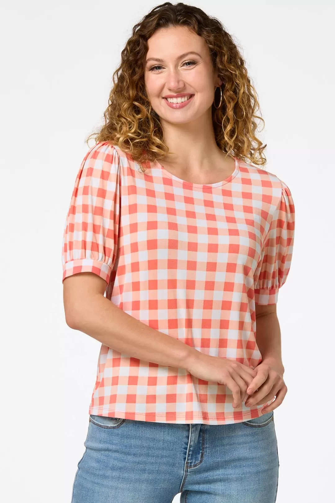 Cato Tops | Gingham Puff Sleeve Top