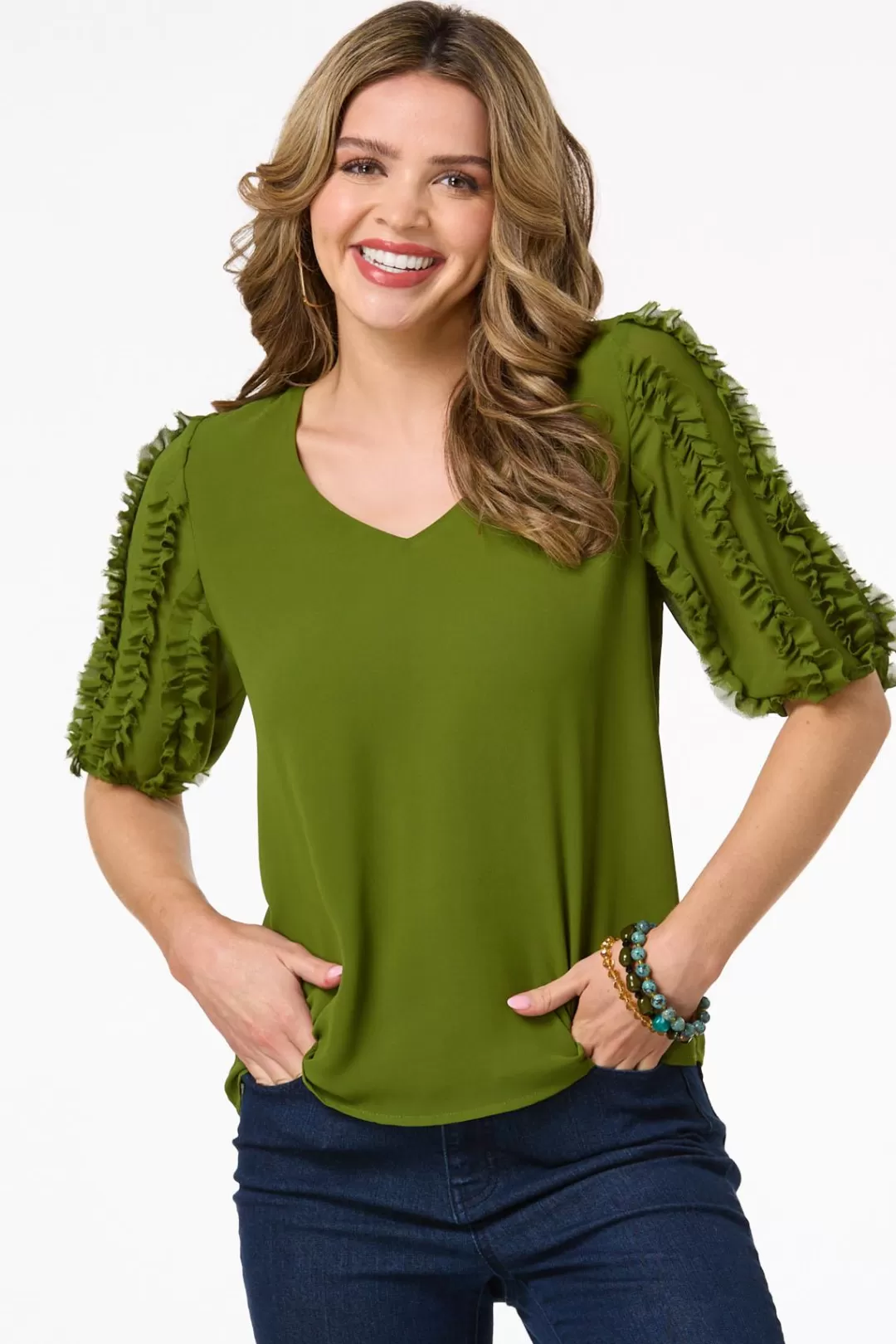 Cato Tops | Green Ruffled Sleeve Top