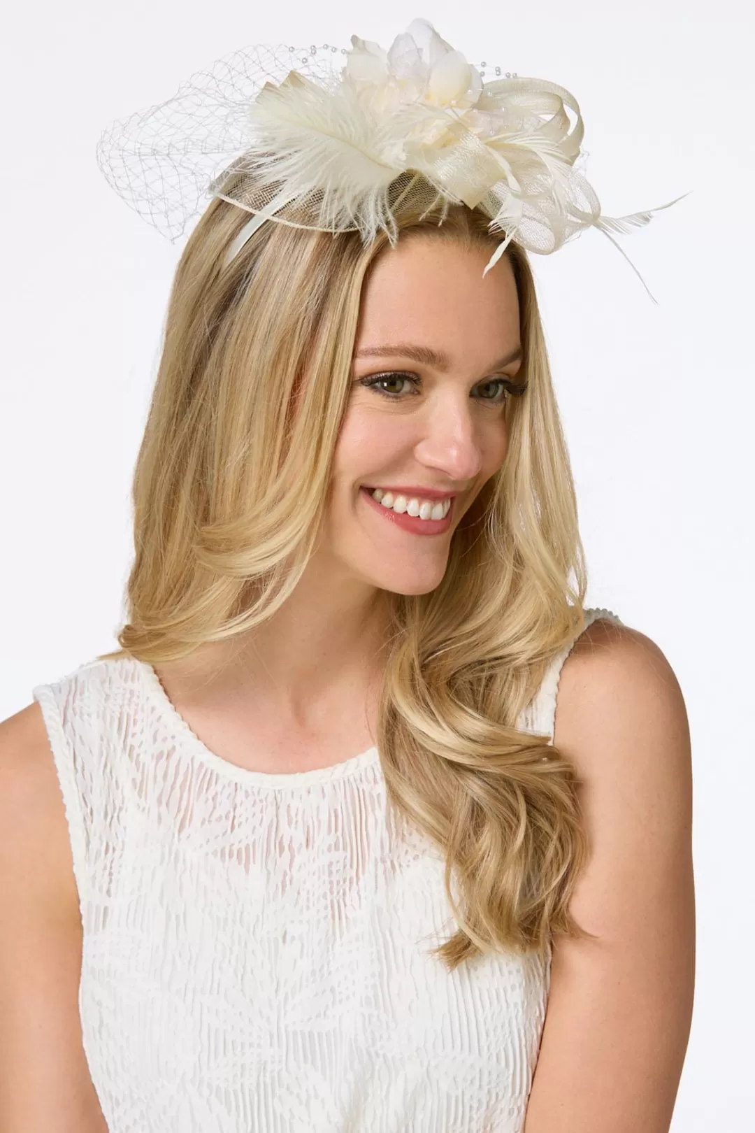 Cato Hats & Hair | Ivory Feather Pearl Veil Fascinator