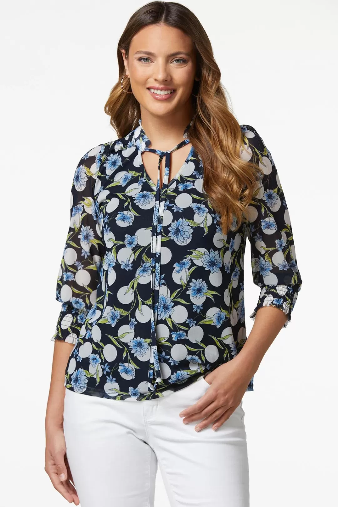 Cato Tops | Mesh Blue Floral Top