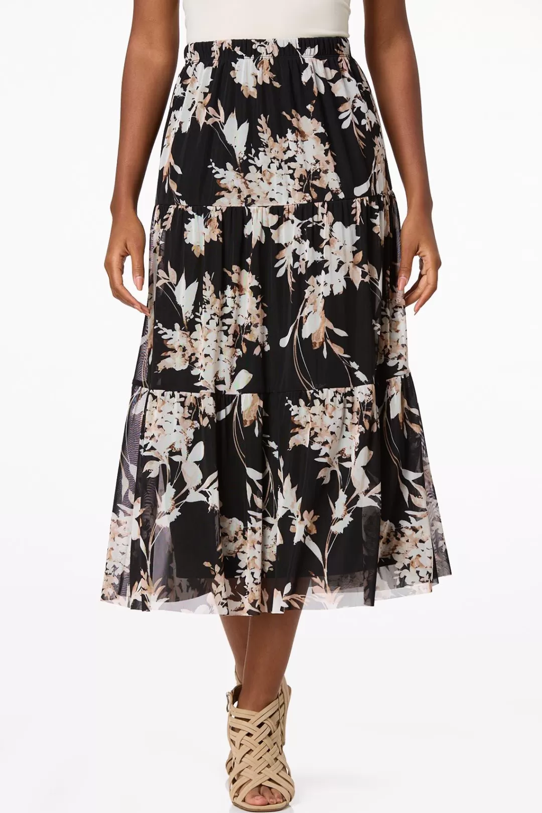 Cato Skirts | Mesh Floral Midi Skirt