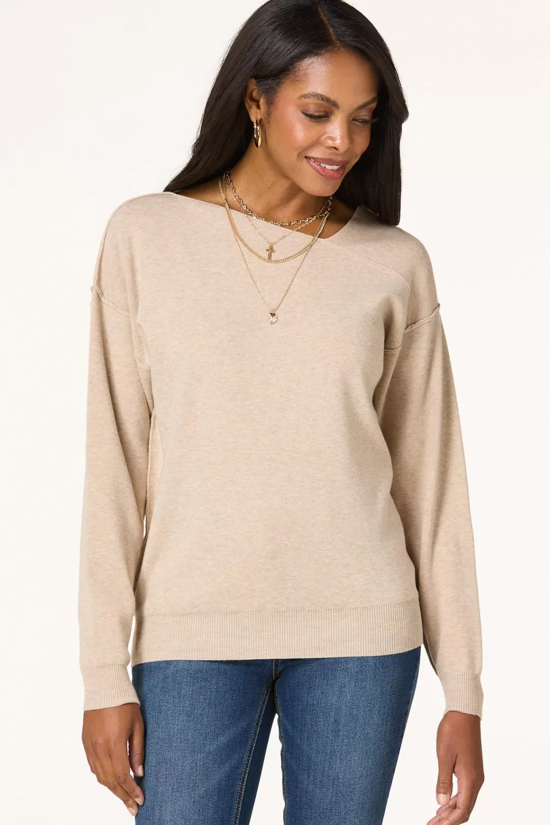 Cato Sweaters | Natural Asymmetrical V- Neck Sweater