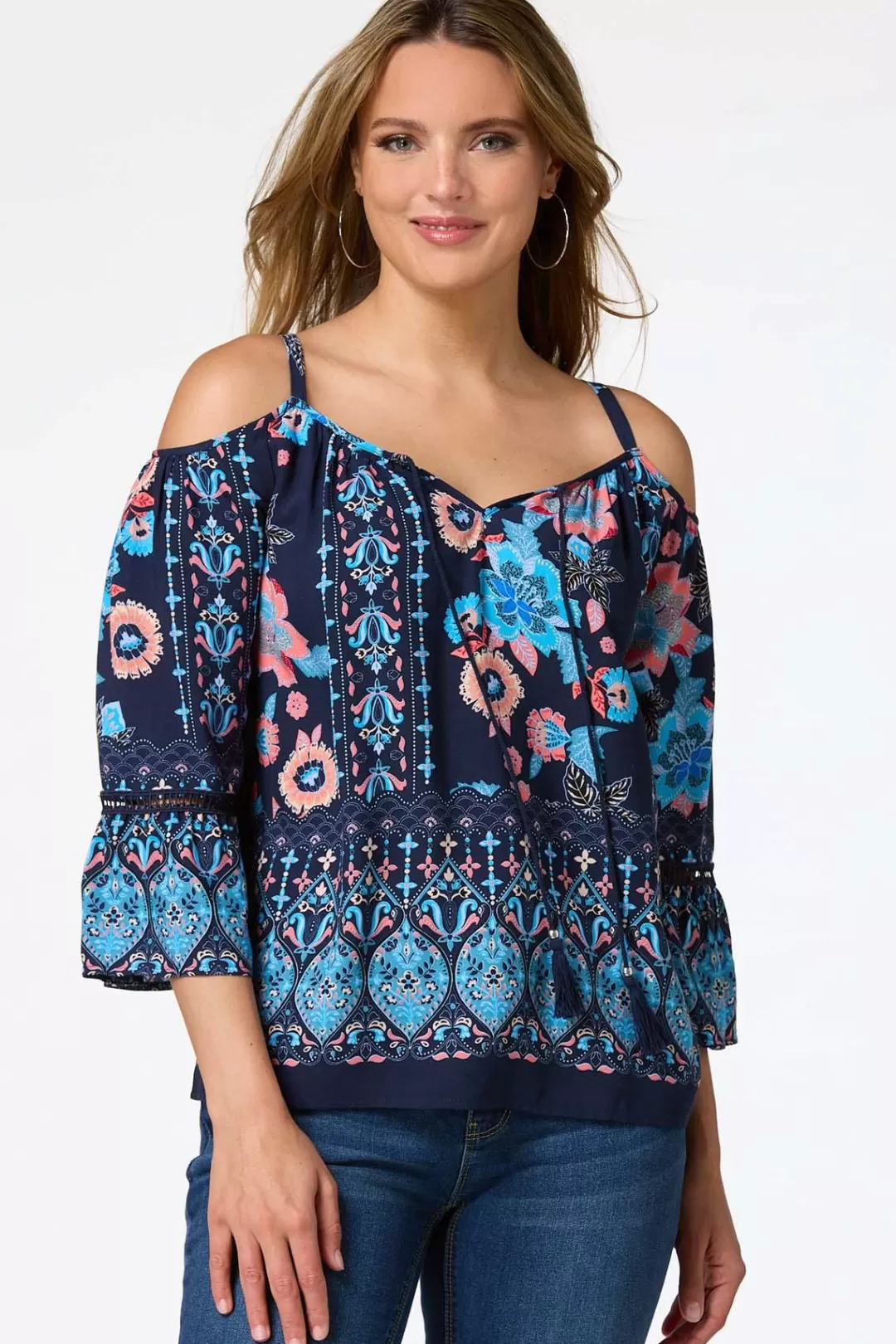 Cato Tops | Navy Floral Cold Shoulder Top