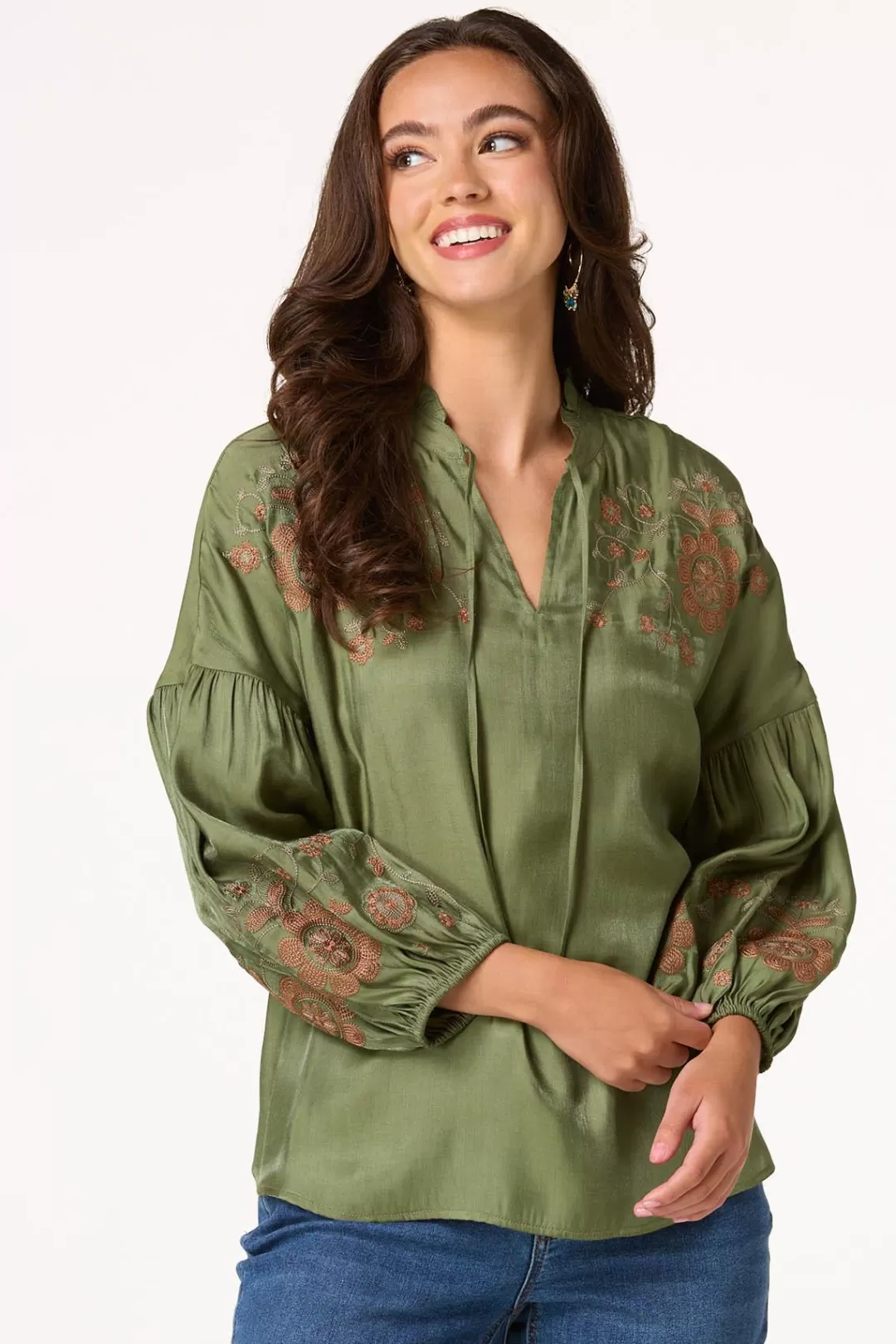 Cato Tops | Olive Embroidered Balloon Sleeve Top