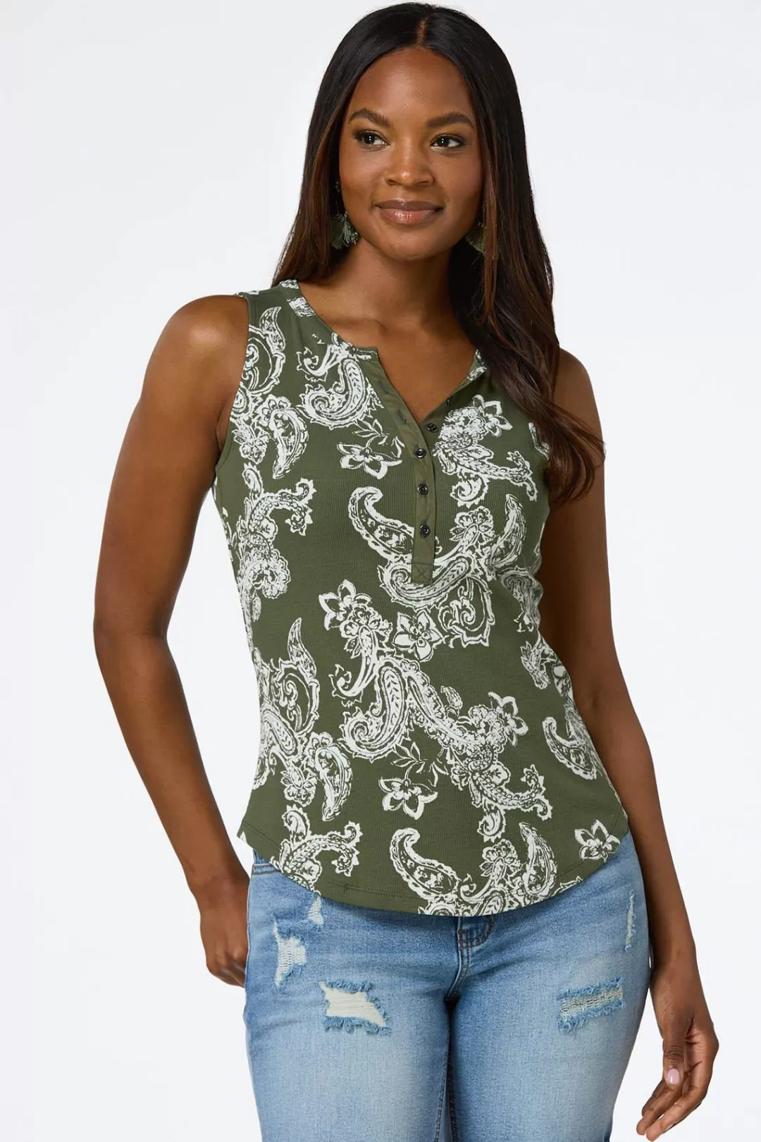 Cato Tops | Olive Paisley Ribbed Henley Tank