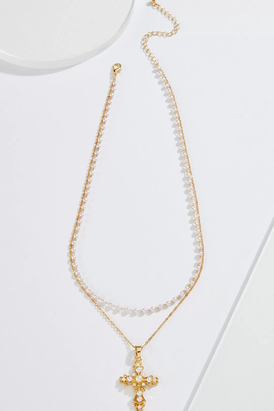 Cato Inspirational | Necklaces | Pearl Cross Pendant Layered Necklace