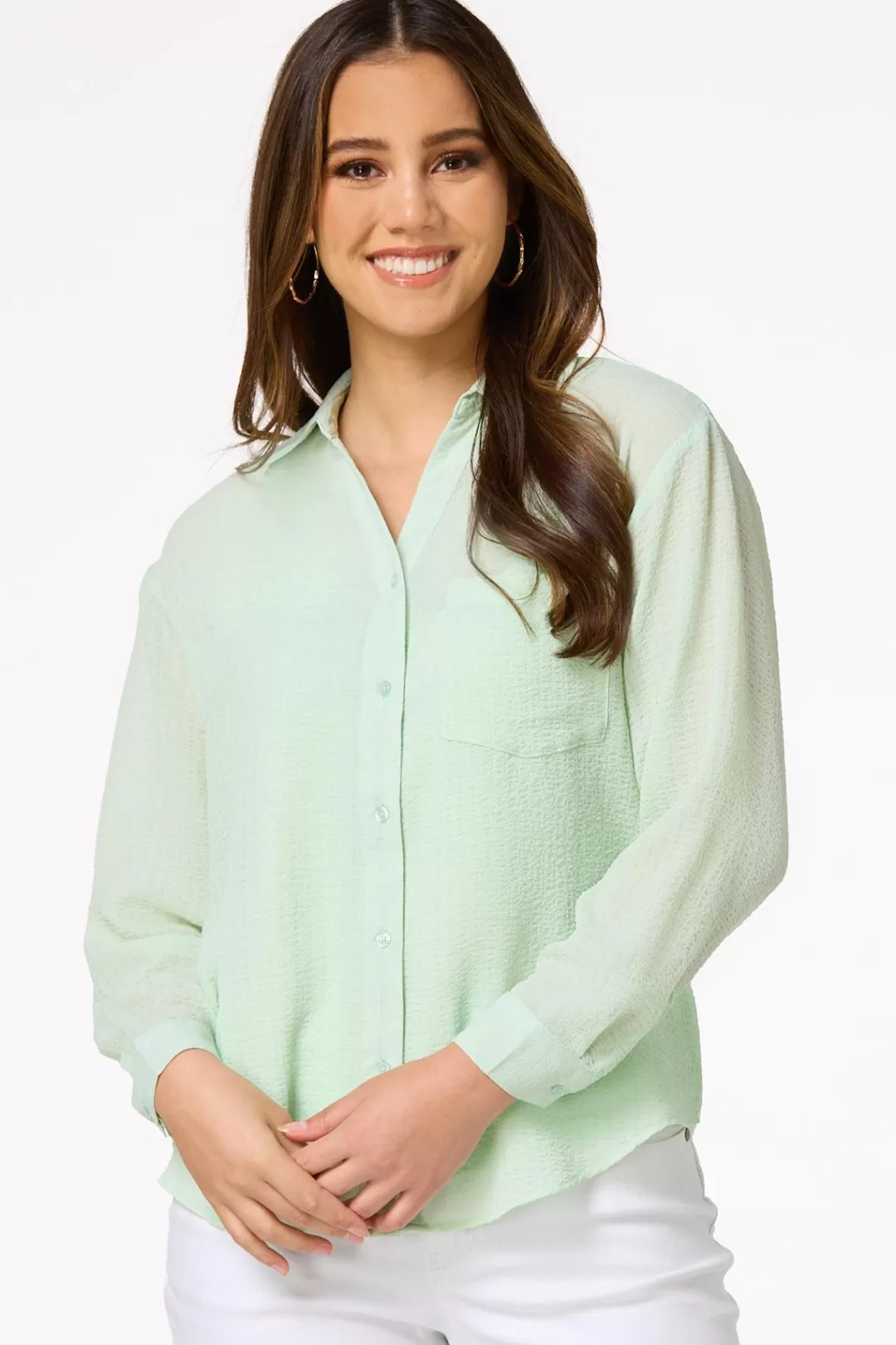 Cato Petites | Tops | Petite Solid Sheer Button Down Top