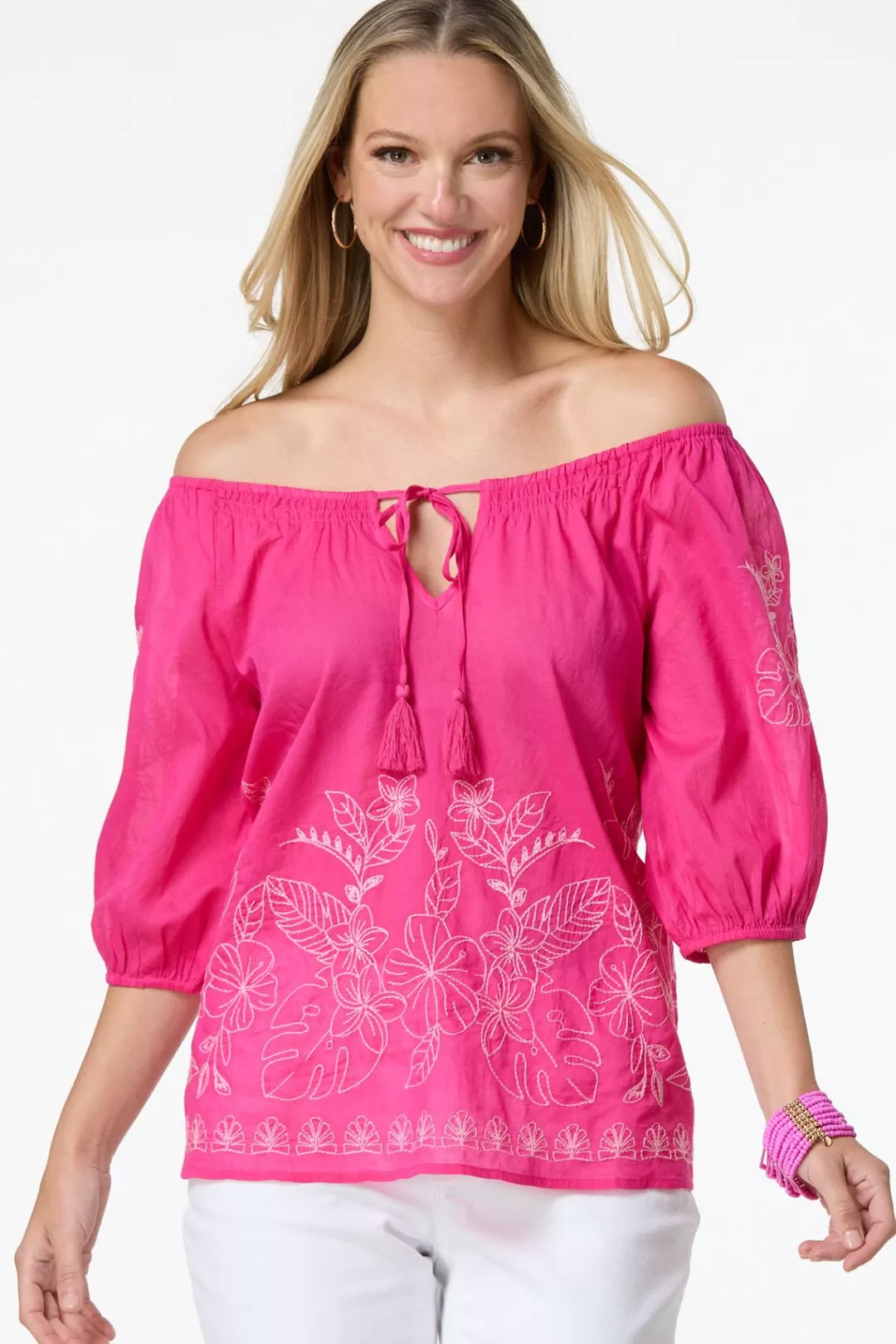 Cato Tops | Pink Floral Embroidered Top