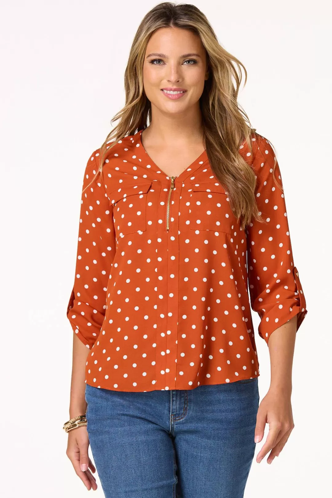 Cato Tops | Polka Dot Zip Front Top