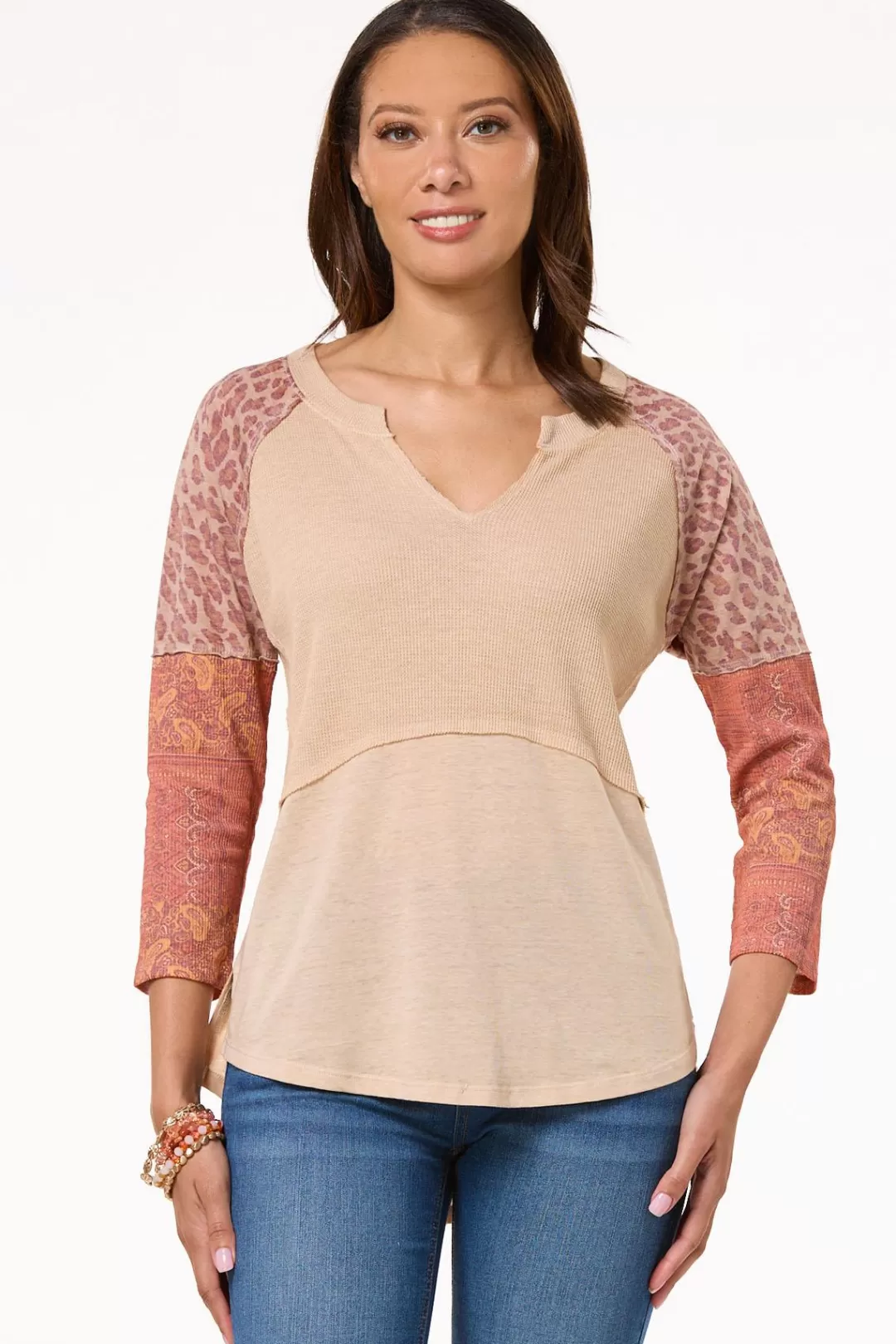 Cato Tops | Print Mix Sleeve Notch Neck Top