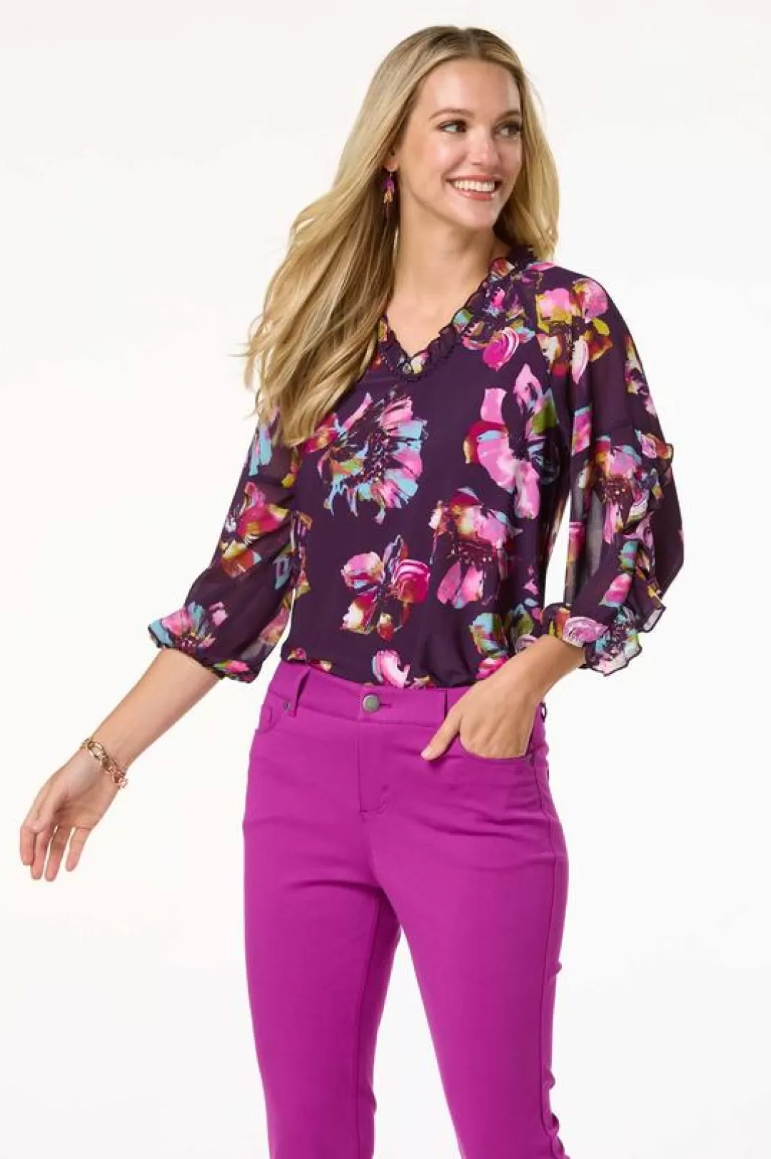 Cato Tops | Purple Floral Ruffled Top