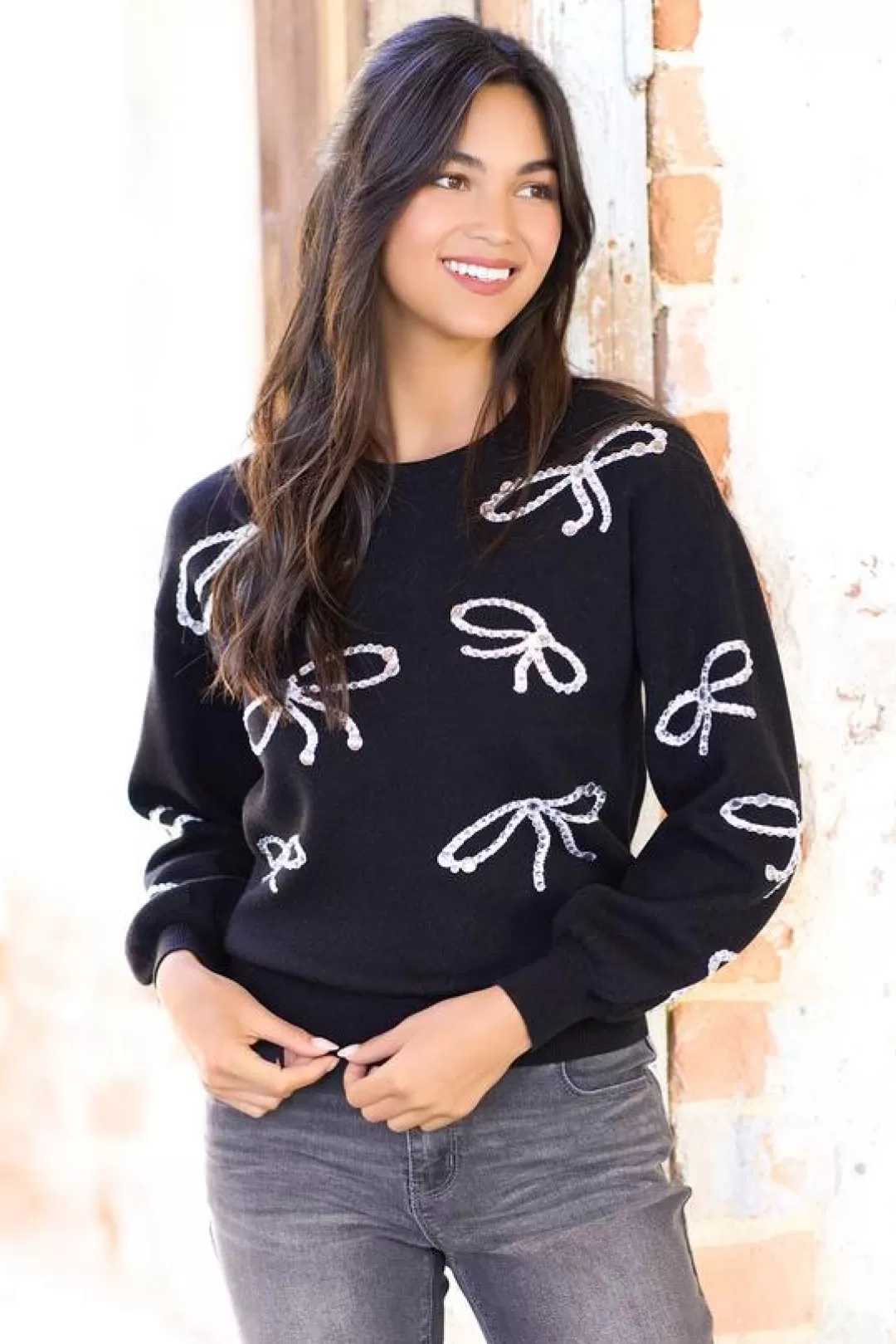 Cato Sweaters | Rhinestone Bow Sweater