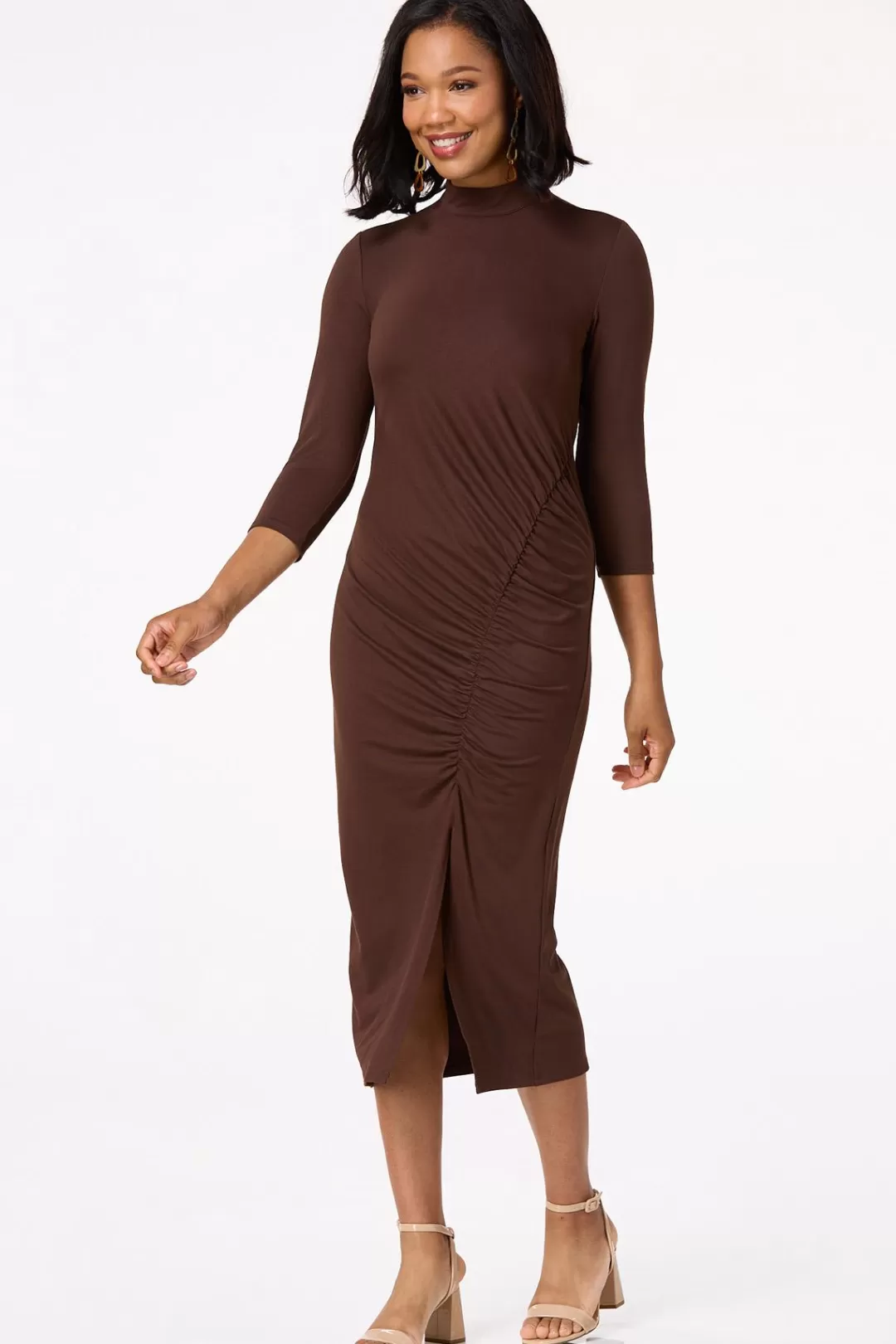 Cato Dresses | Ruched Mock Neck Midi Dress