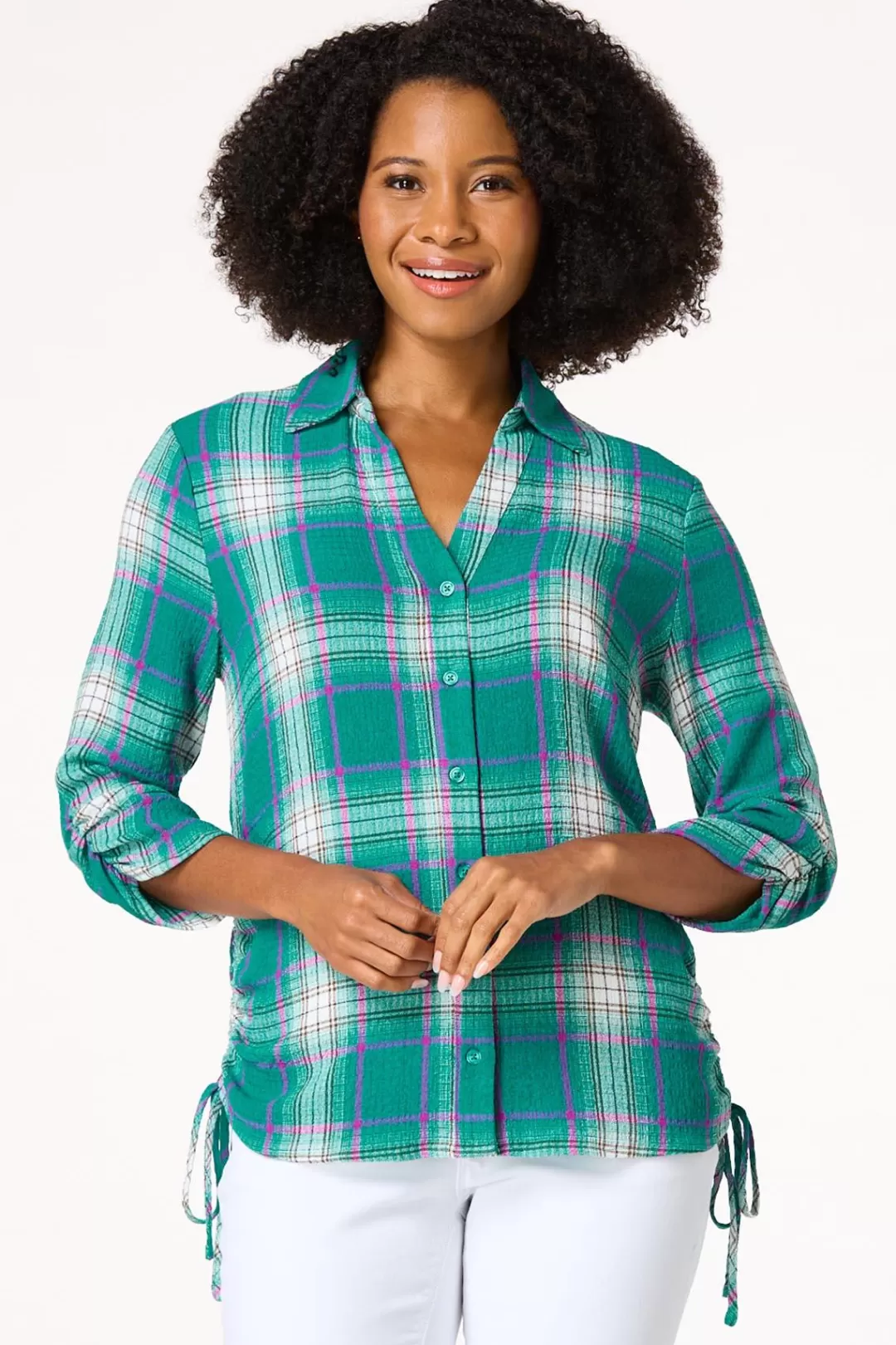 Cato Tops | Ruched Plaid Shirt