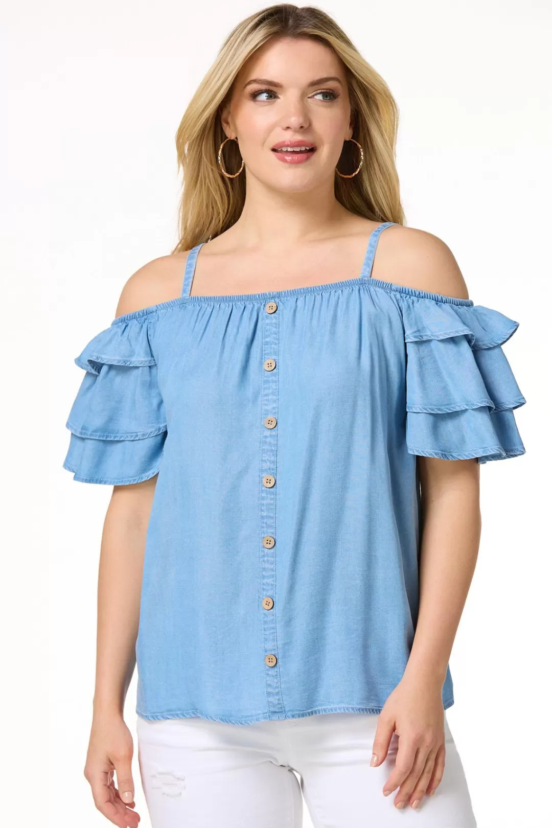 Cato Tops | Ruffled Cold Shoulder Top