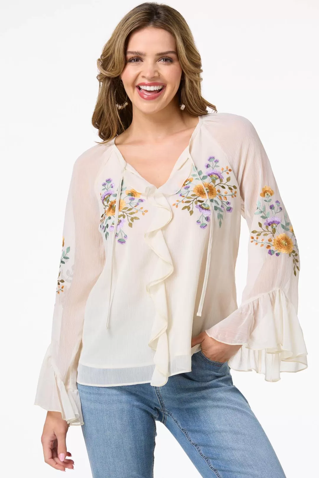 Cato Tops | Ruffled Embroidered Poet Top