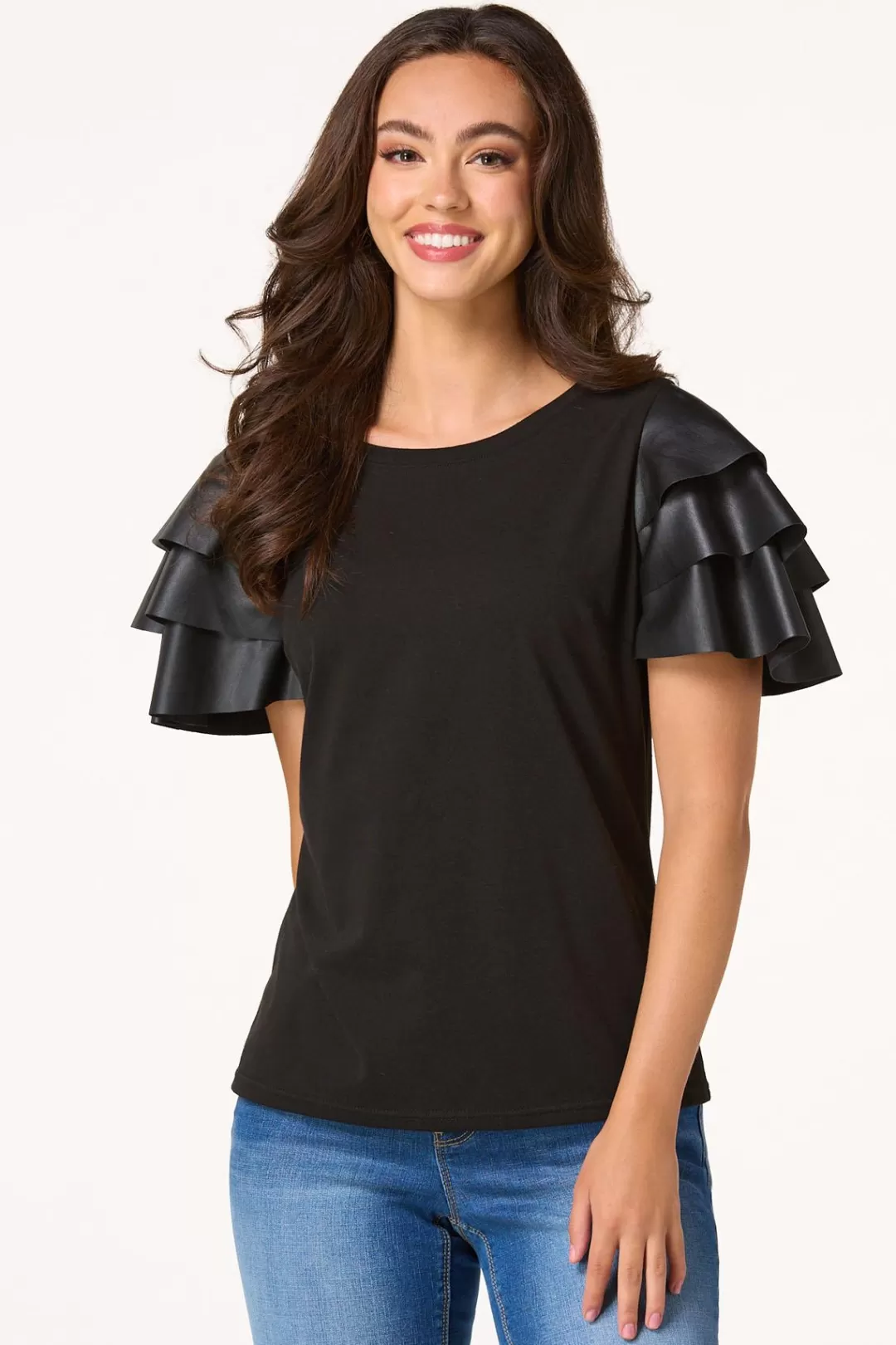 Cato Tops | Ruffled Faux Leather Sleeve Tee