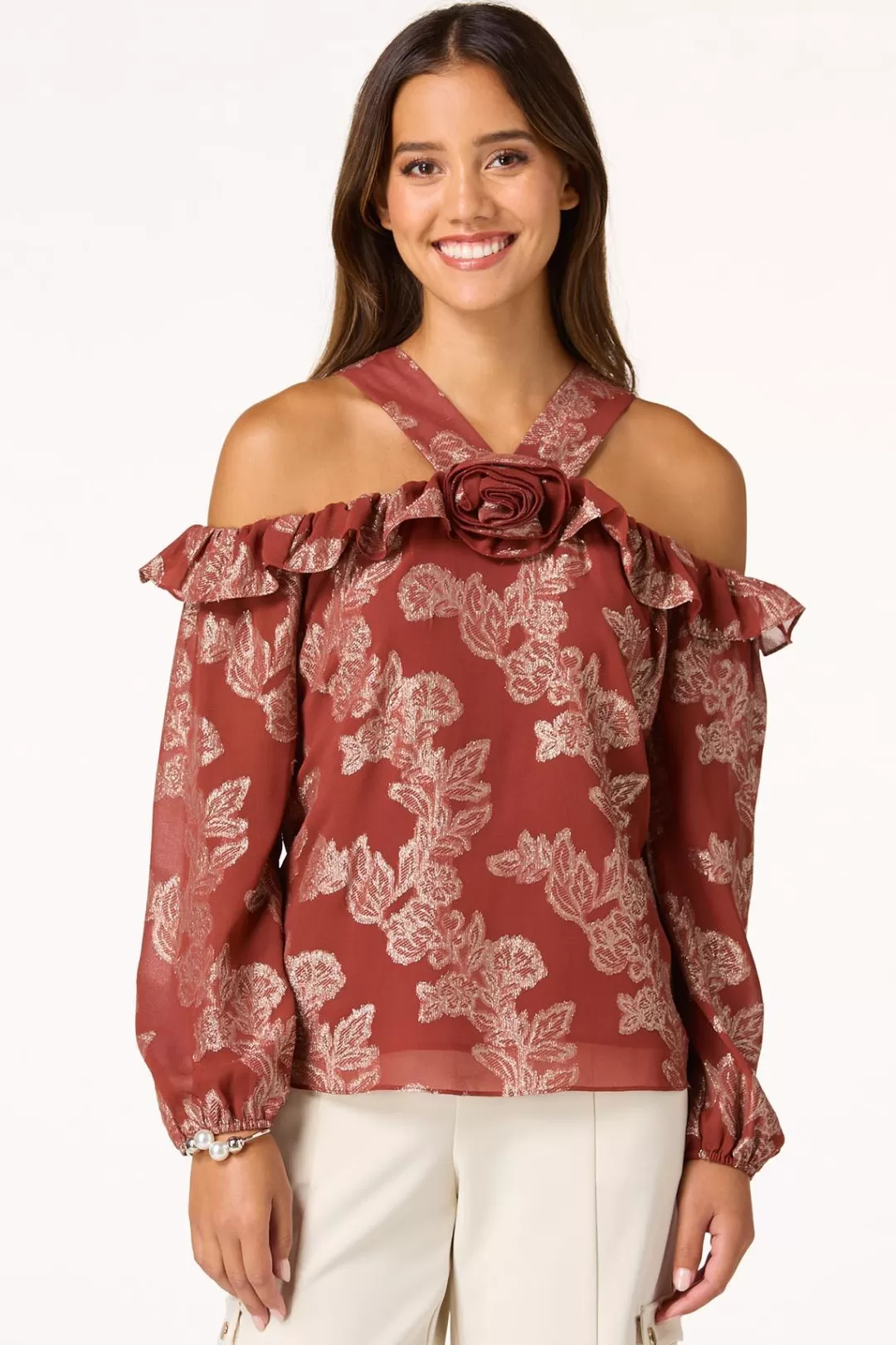 Cato Tops | Ruffled Metallic Floral Top